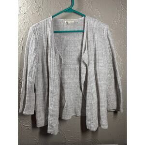 Eileen Fisher 100% Linen Open Ribbed Cardigan Beige Knit Sweater 3/4 Sleeve Sz S